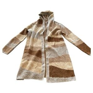 Nine West hooded striped car coat sweater gray tan brown